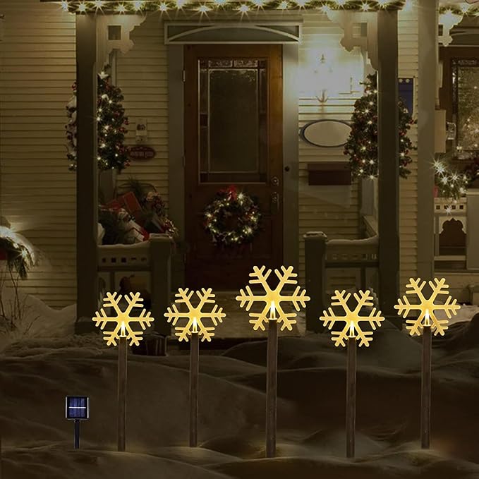 Christmas Solar Pathway Lights, Solar Snowflake Lights with Stake Landscape Outdoor Waterproof Christmas Decorations for Garden Yard Lawn Patio Walkway, 5 Pack