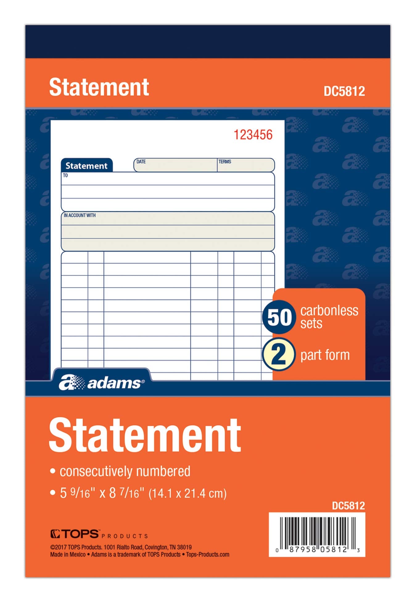 Tops Adams Statement Book, 2-Part Carbonless, White/Canary, 5-9/16 x 8-7/16 Inches, 50 Sets, 3/Pack (DC5812-3)