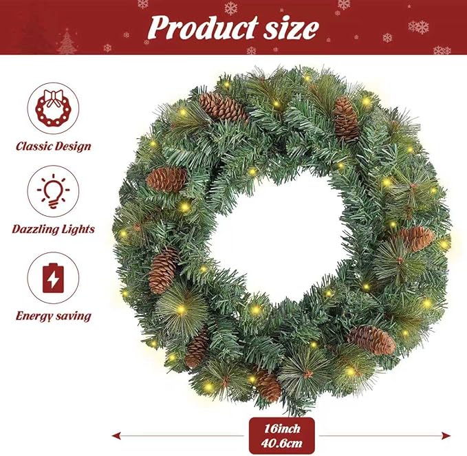 FR Artificial Pre-Lit Fir Christmas Wreath Holiday Accent Decoration, Wintry Pine, Decorated with Pine Cones, with LED Lights Battery Operated for Door, Mantel - 16 Inch