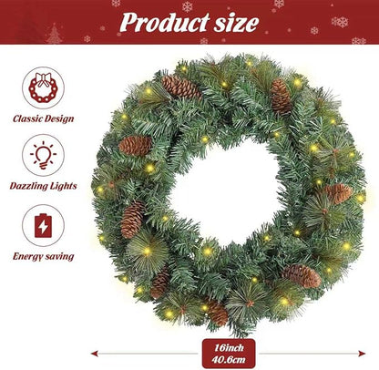 FR Artificial Pre-Lit Fir Christmas Wreath Holiday Accent Decoration, Wintry Pine, Decorated with Pine Cones, with LED Lights Battery Operated for Door, Mantel - 16 Inch