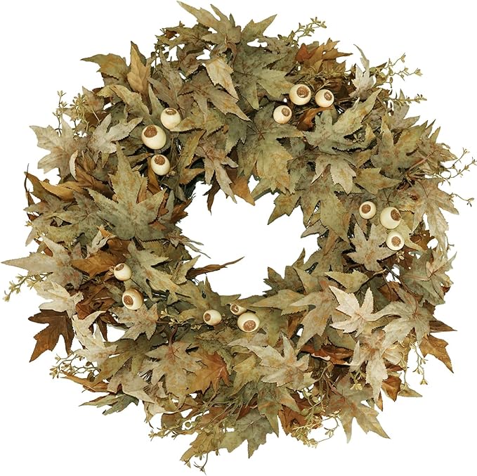 24" Natural Looking Fall Winter Door Wreath Outside, Green and Brown Ombre Foliage Thanksgiving Autumn Wreaths for Front Door Porch with White Berries and Pinecones