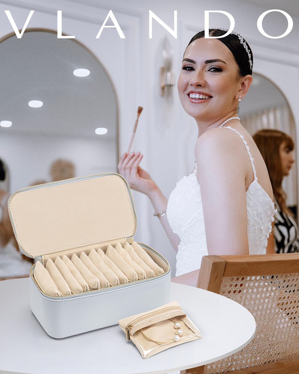 Vlando Jewelry Travel Case,Travel Jewelry Organizer with Clear Velvet Jewelry Bags 12Pcs Zipper Pouch for Women Girls-Baby Blue