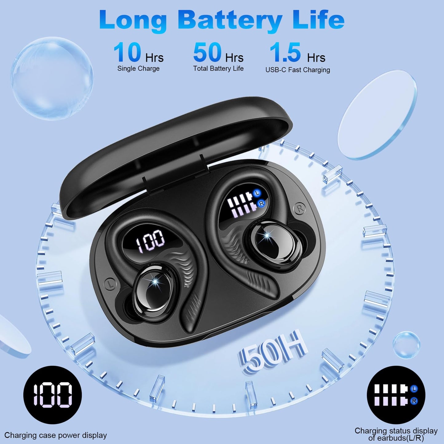 Hupoaf Wireless Earbuds Sport, New Bluetooth 5.4 Headphones with Earhooks, 50H Stereo Deep Bass Over Ear Buds with 4 ENC Noise Canceling Mics, IP7 Waterproof Earphones for Running Workout Gym -Black