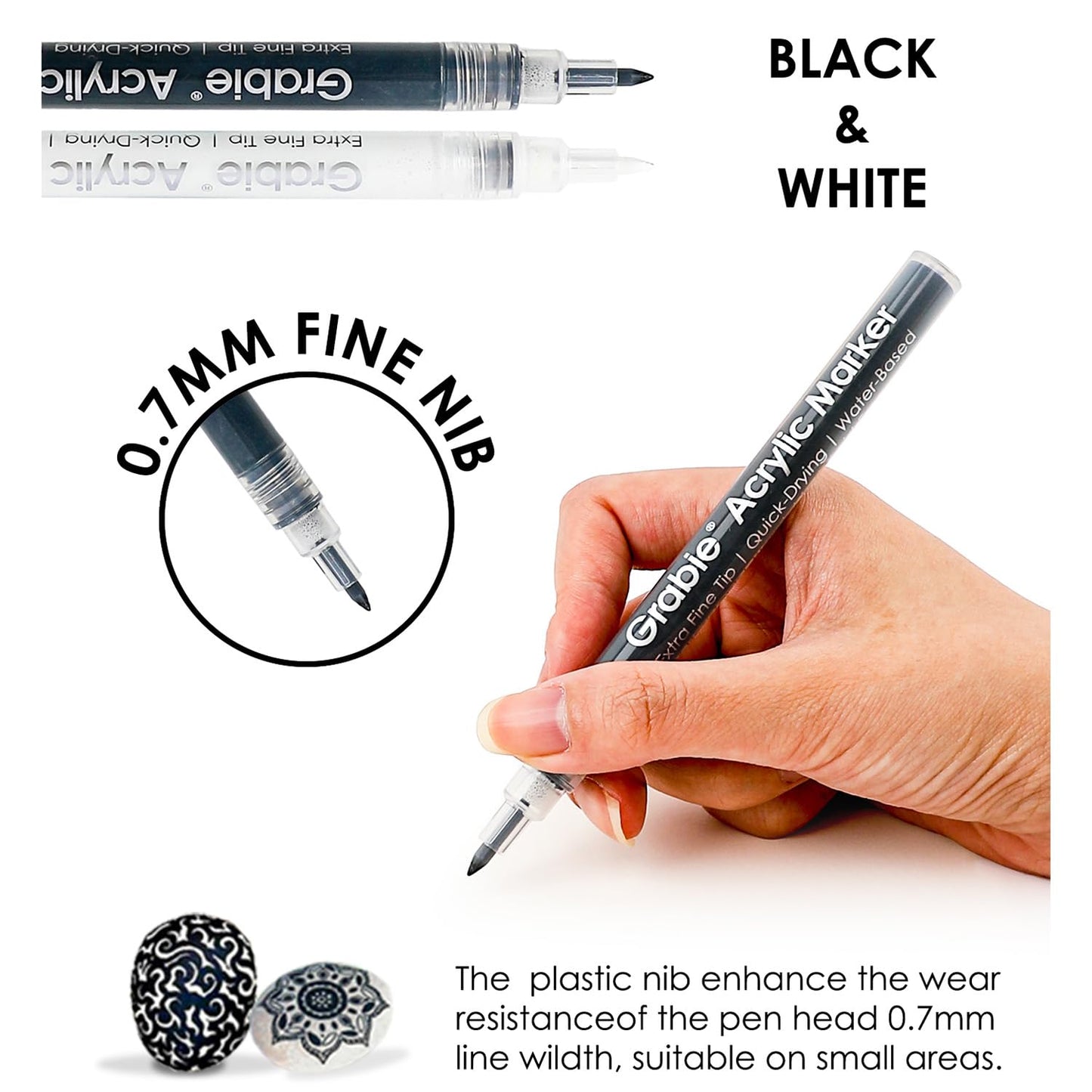 Grabie Black & White Extra Fine Tip Acrylic Paint Marker Set, 6 Pack, 0.7mm Acrylic Paint Pens for Highlights and Fine Details on Drawings, Rock Painting Glass Canvas Wood, White Highlight Markers