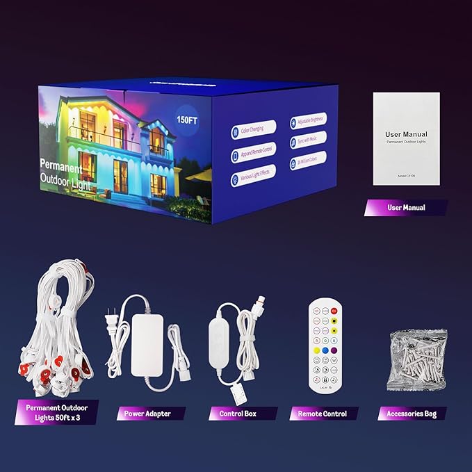 HUTAKUZE Permanent Outdoor Lights, 150FT with 90 RGB LEDs for Outdoor Decor, IP67 Waterproof, 48 Scene Modes Christmas House Lights,APP & Remote Control, Music Sync
