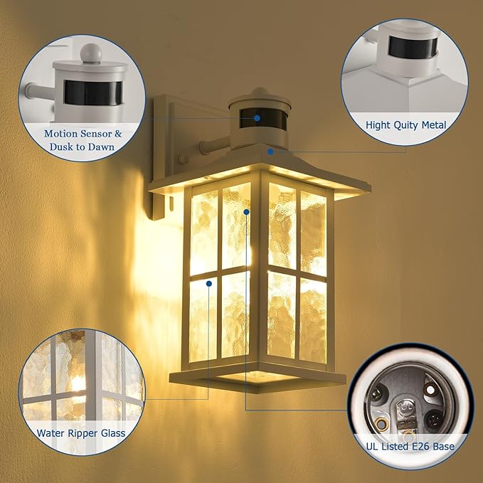 Motion Sensor Outdoor Wall Light Fixtures Dusk to Dawn Exterior Porch Lantern White Outside Sconce Lighting Rustic Wall Mount Lamp with Water Ripple Glass for House Garage Patio Entryway