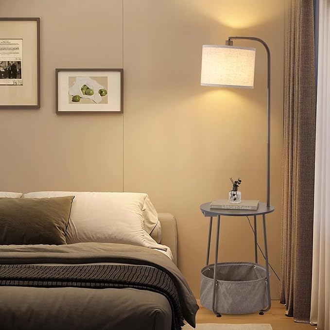 Floor Lamp with Cat Bed and Charging Station, Adjustable Lampshade, 3 Color Temperatures, Remote & Foot Switch Control, Standing Lamp with USB & AC Outlets for Living Room Bedroom, Gray