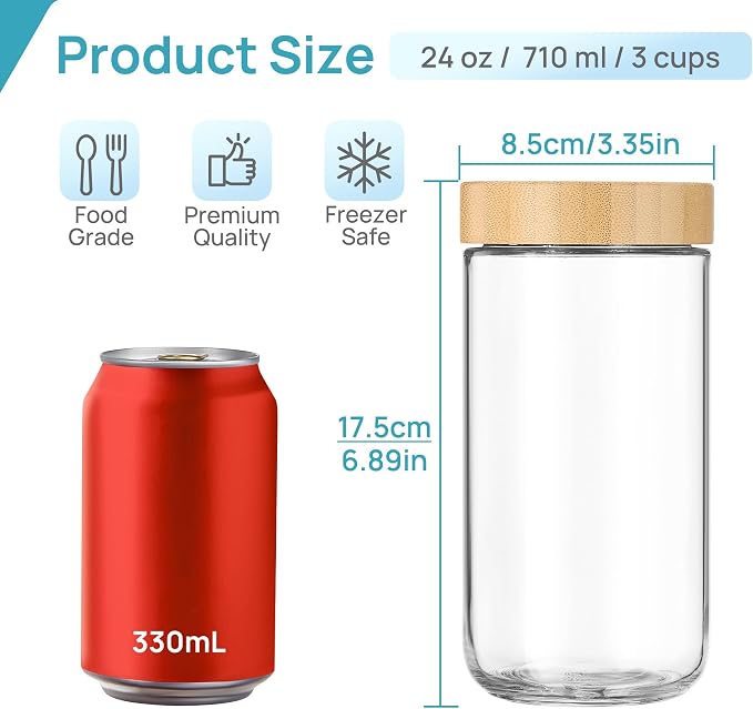 Vtopmart 6 Pack 24oz Glass Overnight Oats Containers with Bamboo Lids, Portable Wide Mouth Glass Jars Leak Proof, Reusable Glass Food Storage Containers for Yogurt Chia Pudding Salad Pickling Snacks