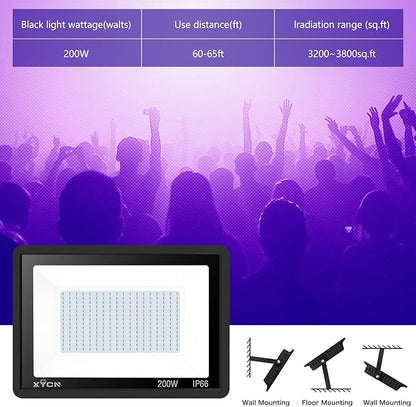 3 Pack 200W LED Flood Black Lights,Outdoor Flood Blacklight Light with Plug, IP66 Waterproof forGlow in The Dark, Dance Party, Stage Lighting, Body Paint, Fluorescent Poster, Neon Glow