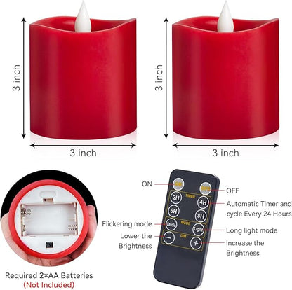Red LED Pillar Candles, 3inch - Battery Operated with Remote Timer, Flickering Flame, Lasts Over 600 Hours, Perfect for Christmas and Halloween Deco (Red, 3"*3"-2pcs)
