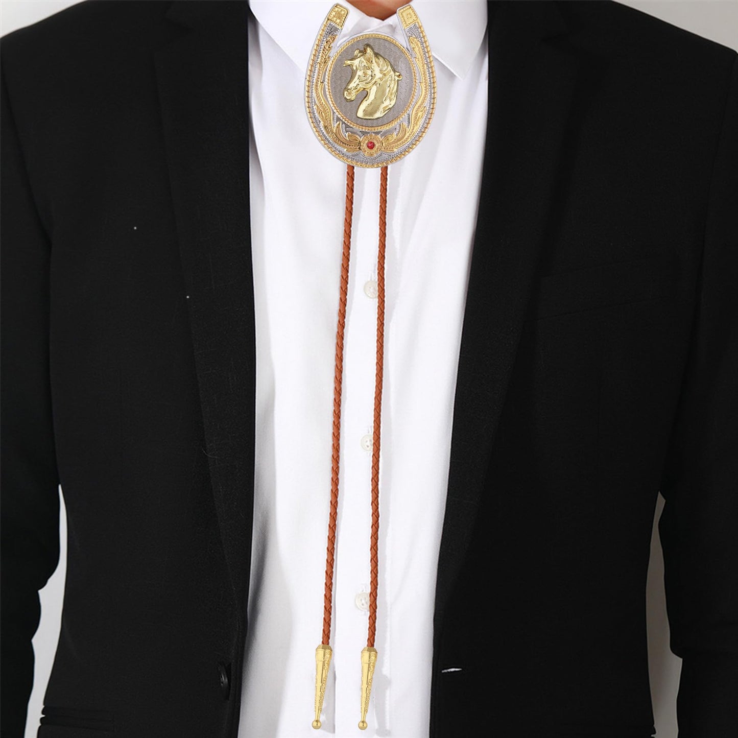 GelConnie Bolo Tie for Men Western Cowboy American Golden Horse Bolo Ties Brown Leather Western Costume Accessories