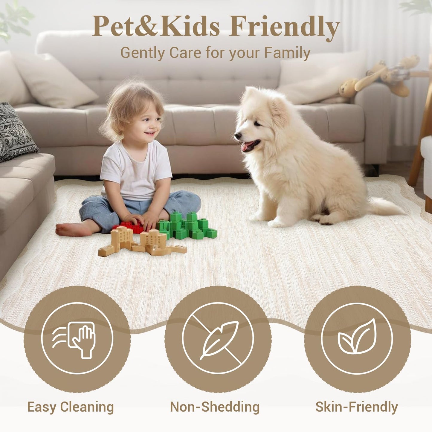 GarveeHome Washable Rugs 8x10 Scallop Solid Living Room Rug Scalloped Rug with Non-Slip Backing, Stain-Resistant Low Pile Easy Cleaning Rugs, Soft Modern Carpet for Bedroom Playroom Nursery,Beige