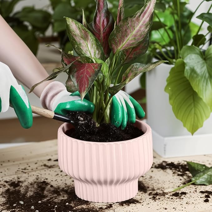 OXART Ceramic Pots for Plants, 7.7 Inch Round Plant Pot with Drainage Hole, Modern Outdoor Flower Pots Home Garden Decorative Planters for House Plants Indoor Planters (Pink)