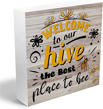Inspirational Bee Decorations Wooden Box Sign, Bee Decor Welcome Sign, Spring Summer Rustic Farmhouse Home Living Room Bedroom Desk Table Shelf Cubicle Decor Decorations, Wood Block Plaque