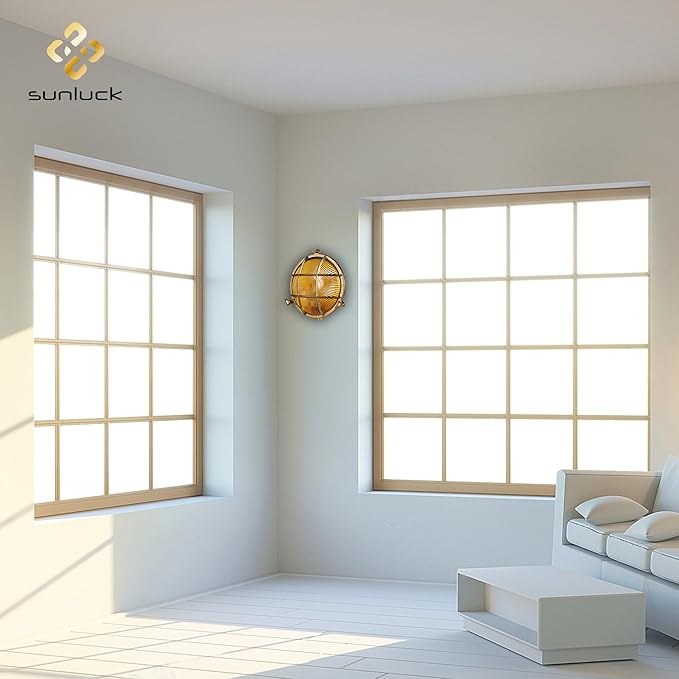 Sunluck Brass Bulkhead Light,Grid Round Nautical Wall Light,Lampshade,Ceiling Mount Lighting,Brass Sauna Light Waterproof IP65,Rust Resistant,for Wet Location Bath,Seaside,Ship,Basement,Garage