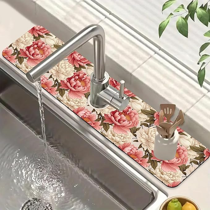 Beautiful Peony Sink Faucet Absorbing Mat Bright Peonies Super Absorbent Fast