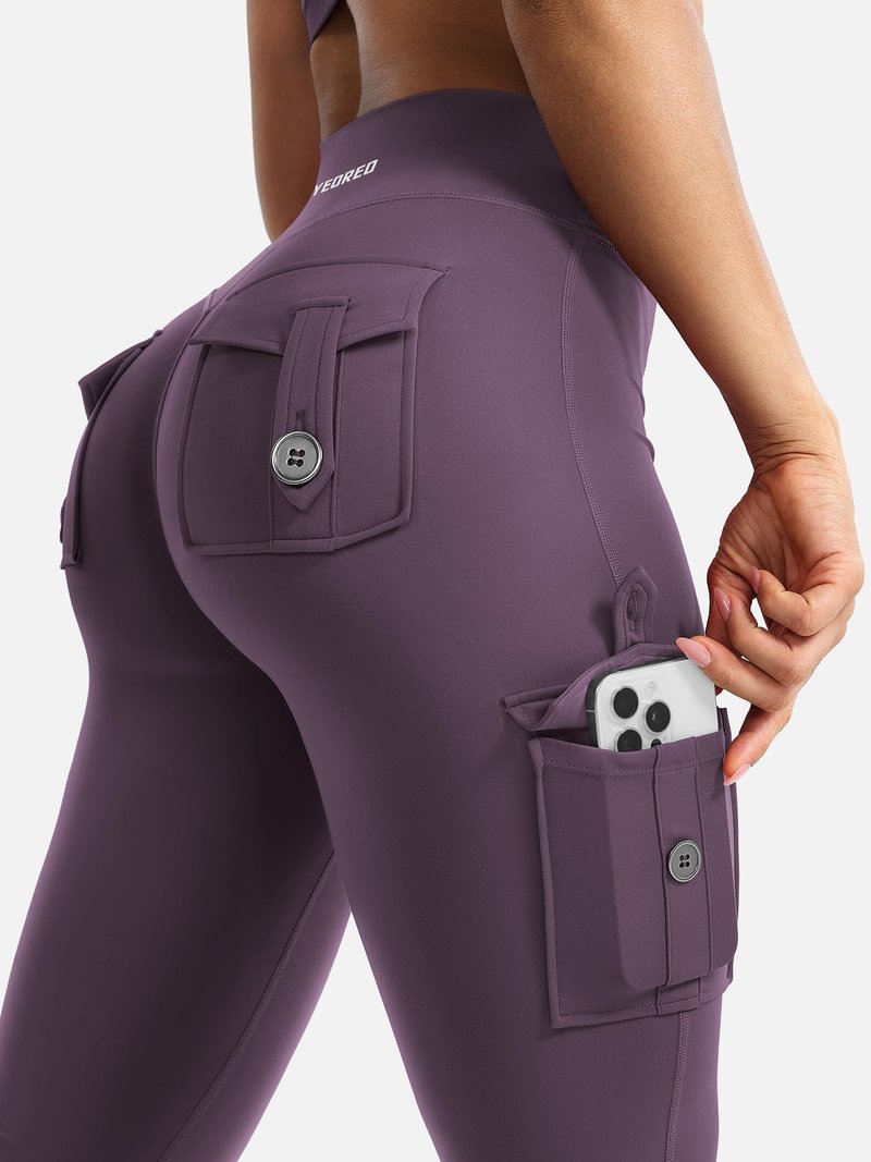 YEOREO CoreFlex Women Workout Flare Leggings with Pockets Hidden Scrunch High Waisted Cargo Gym Yoga Leggings Dark Berry L