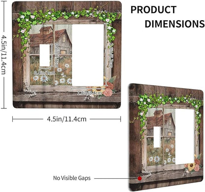 Farm Barn Farmhouse Rustic Country Flower 2 Gang Combination Light Switch Cover Decorative Toggle Rocker/Decora Wall Plate Electrical Faceplate for Bathroom Kitchen Home Decor