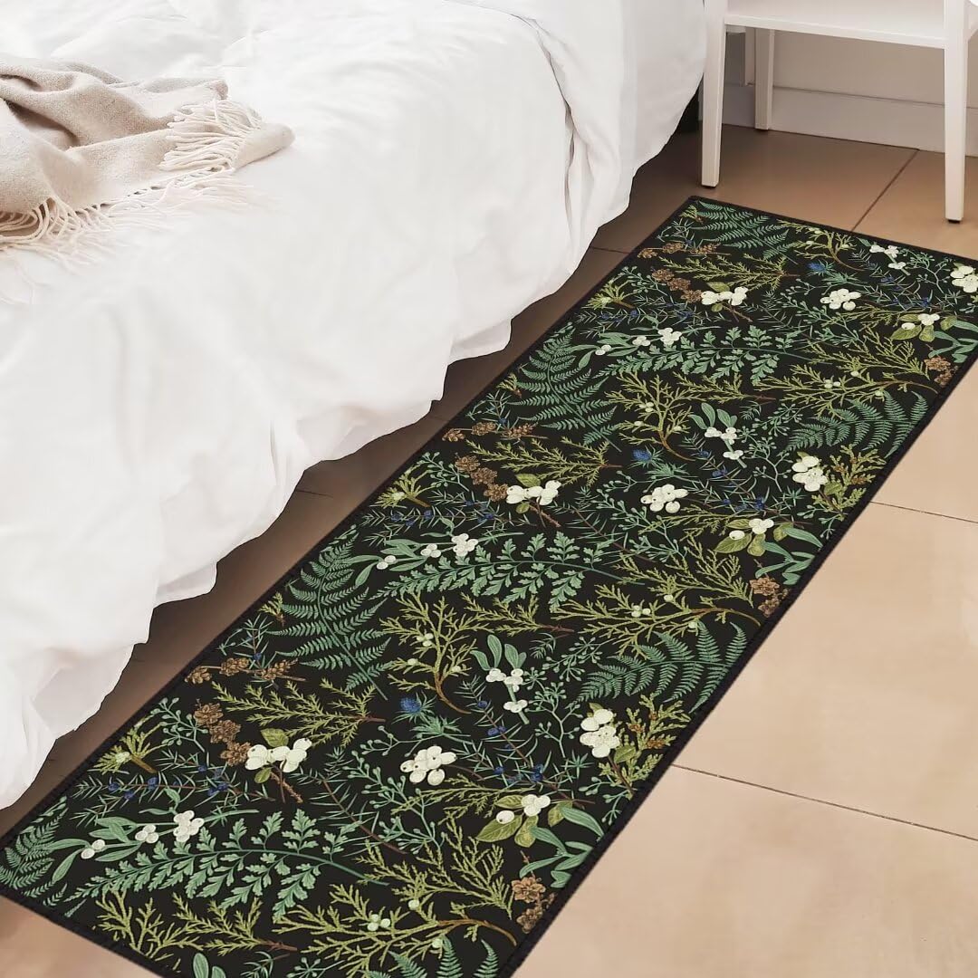 Black Green Runner Rug for Hallway 2x6,Botanical Print Runner Rug for Entryway,Plant Leaf Printed Area Rugs Non-Slip Throw Floor Carpet for Bedroom Entrance Door Mat Washable Kitchen Rugs Runners