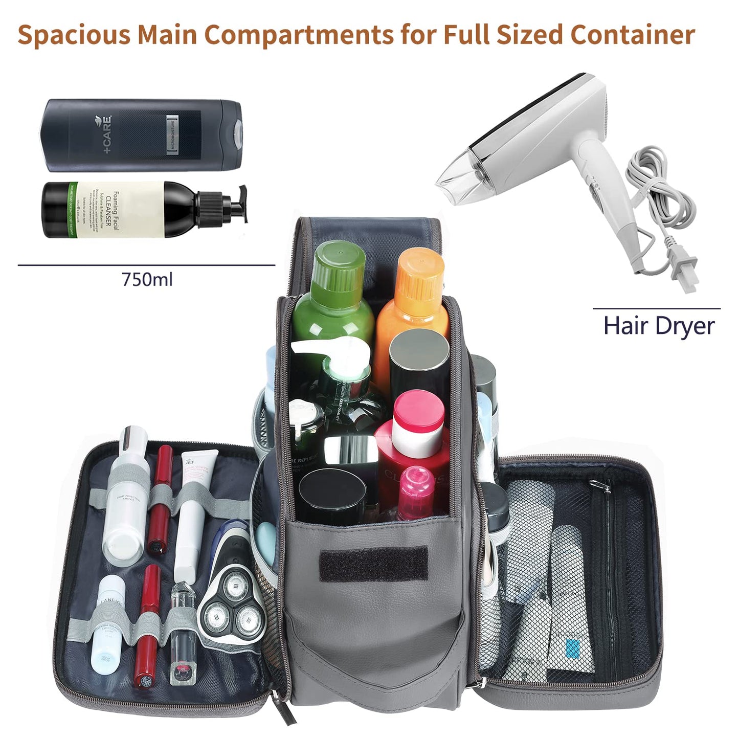 Buruis Extra Large Toiletry Bag for Men, Travel Toiletry Organizer Dopp Kit Water-resistant Shaving Bags, PU Leather Cosmetic Bathroom Shower Bag for Toiletries, Grooming, Accessories (Grey)