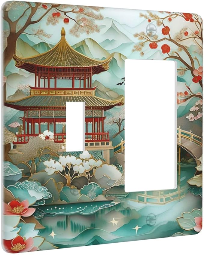 Asian Pagoda, Architecture, Traditional Bridge, Cherry Blossoms, Ornate, Watercolor Effect, Mountains