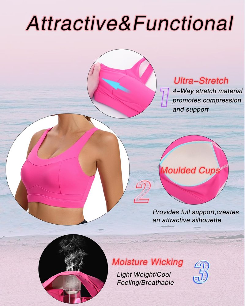 RUNNING GIRL High Impact Sports Bras for Women,Racerback Running Bra Workout Crop Tank Tops Longline Sports Bra Push up(WX2667 Hot Pink L)