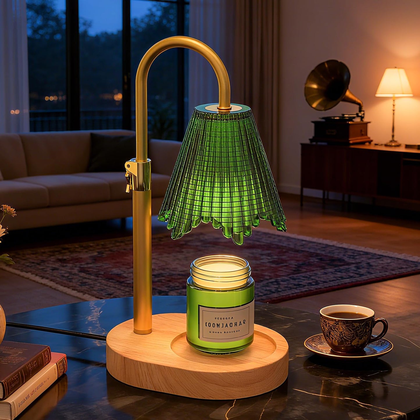 WYghyronic Candle Warmer Lamp with Adjustable Height - Flameless 4-Level Dimmable Wax Warmer with Colorful Glass Shade & Wooden Base, Timer Function & Stylish Design in Multiple Colors (Green 2)