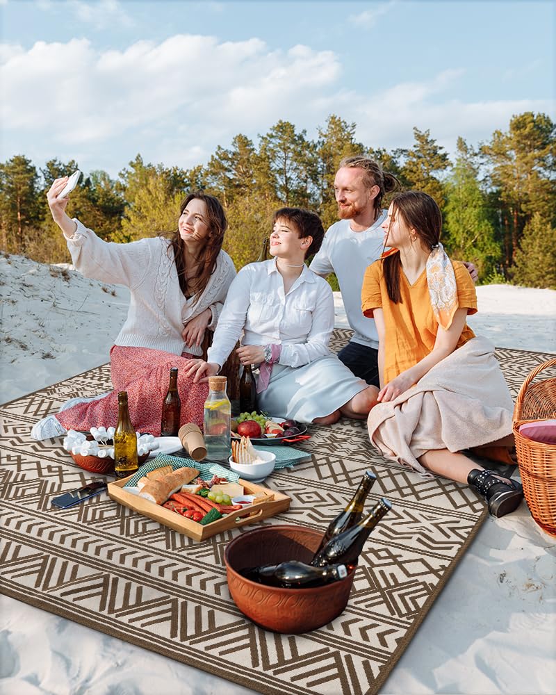 Outdoor Rug Carpet 4x6 ft, Flatweave Textured Outdoor Patio Rug Non Slip Indoor Outdoor Rugs with Rubber Particles Backing Boho Outdoor Area Rug for Patio Deck Front Porch Backyard Balcony, Brown