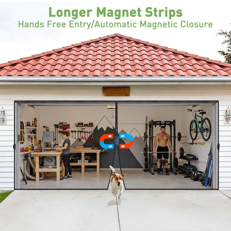 Sliding Garage Door Screen with Track, Garage Screen Doors for 1 Car Garage, 8x7 Ft Retractable Garage Net Screen, Smooth-Gliding, Magnetic Closure, Easy to Install, Black