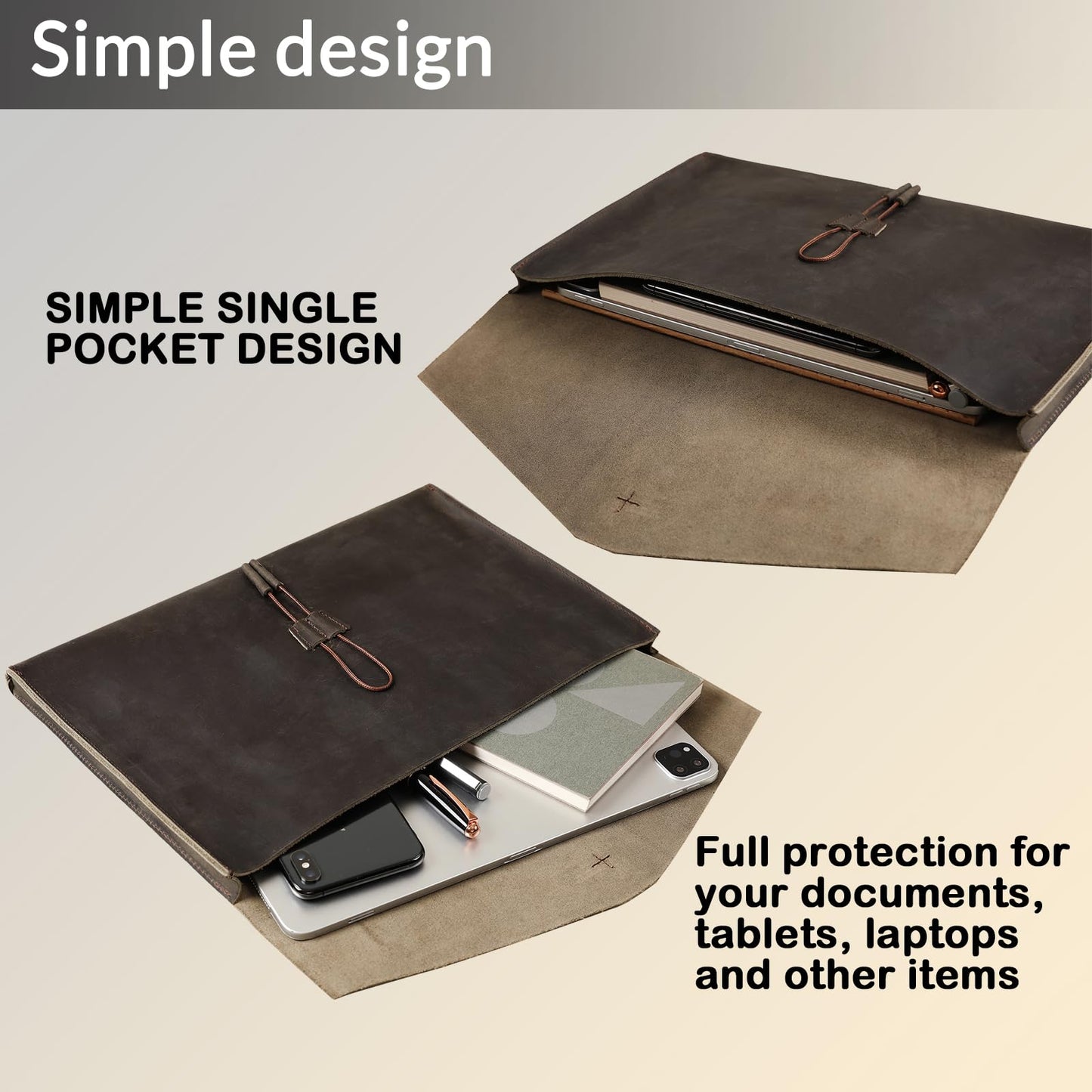 GZRHKJ Genuine Leather Envelope Document Holder， Leather File Folder Organizer，Envelope Document Holder for Men&Women, Personalized Folio Laptop Sleeve Case for 15" Laptops, Tablets