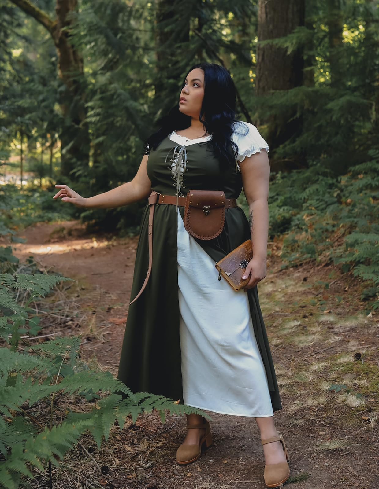 Scarlet Darkness Renaissance Costume Women Peasant Medieval Dress Short Sleeve Maxi Fairy Dresses with Pockets Olive Green L