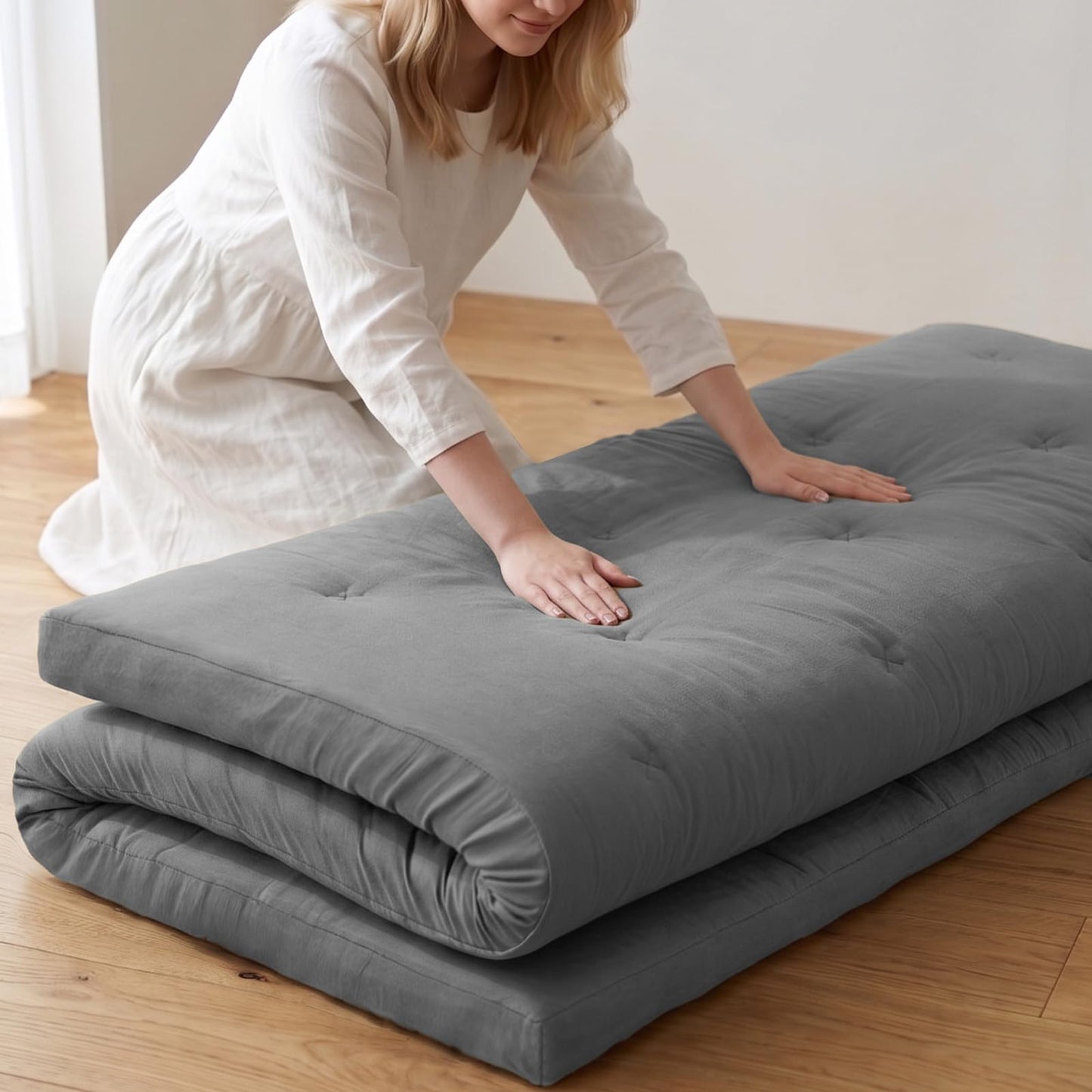 ZonLi Japanese Floor Futon Mattress Twin Size 75"x 39", 100% Cotton Cover 4'' Thicken Tatami Mattress, Foldable Sleeping Pad, Portable Dormitory Tatami Mat (Grey)
