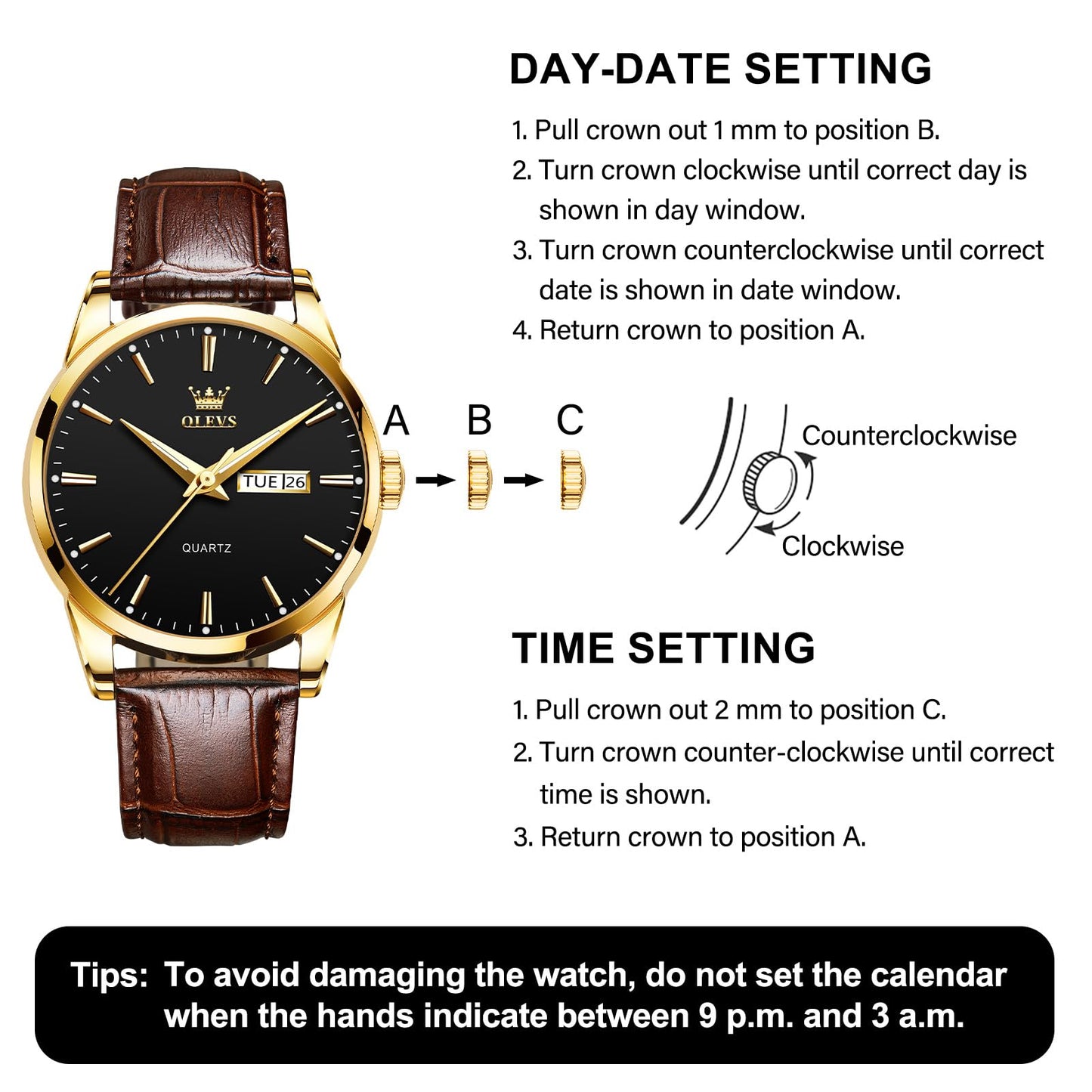 QBAIZI Mens Gold Watches Brown Leather Band Analog Dress Wristwatch for Men Black Face Luxury Male Watch with Day Date Easy to Read Vintage Men's Wrist Watches Waterproof Luminous Reloj para Hombre