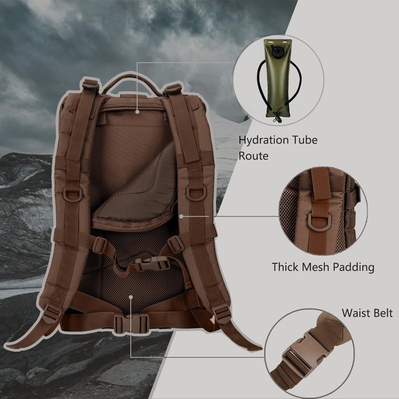 Hannibal Tactical MOLLE Assault Backpack, Tactical Backpack Military Army Camping Rucksack, 3-Day Pack Trip w/USA Flag Patch, D-Rings, Dark Brown