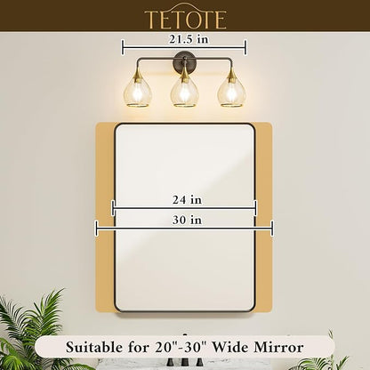 TETOTE 3-Light Modern Bathroom Light Fixtures, 3 Light Vanity Lights Over Mirror Black & Gold Wall Lamp with Clear Glass for Bathroom, Mirror, Living Room, Bedroom, Hallway