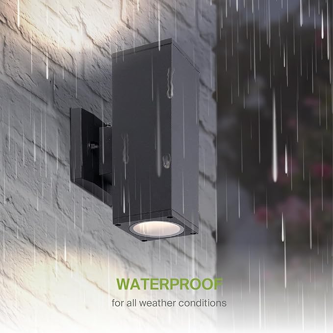 ASD 2 Light Square Dusk to Dawn Outdoor Wall Light Fixture | 120W E26 Socket 120V ETL Cylinder Up Down Lights | LED/CFL/Incandescent Bulb Exterior Wall Sconce | Front Door, Porch Patio | Black