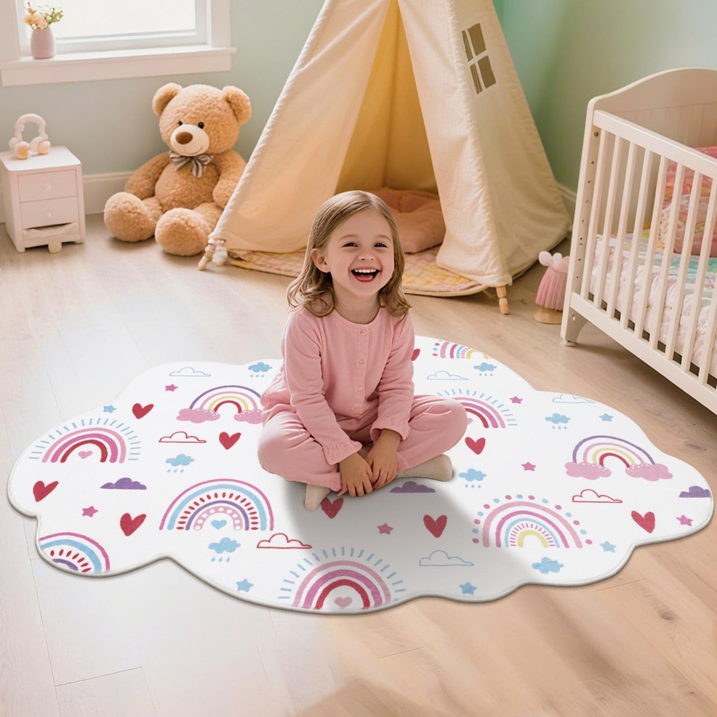 HiiARug Rainbow Small Rug for Kids Room, Pink White Fluffy Soft Decorative Floor Mat, Cloud Shape Washable Rugs for Girls Bedroom, Tent Castle,Bathroom,Nursery, Daycare (3'x5', Pink Rainbow)