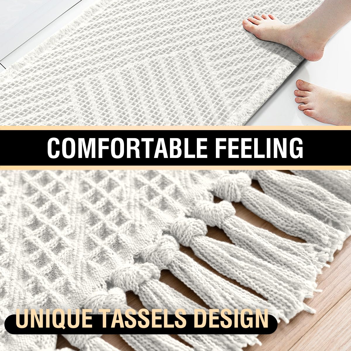 H.VERSAILTEX Waffle Bath Mat Super Absorbent Boho Bath Mat Non Slip Bath Rugs for Bathroom Floor Machine Washable Dry Fast Bathroom Rugs with Tassels (47 x 17 Plus 17 x 24 Inches, Ivory White)