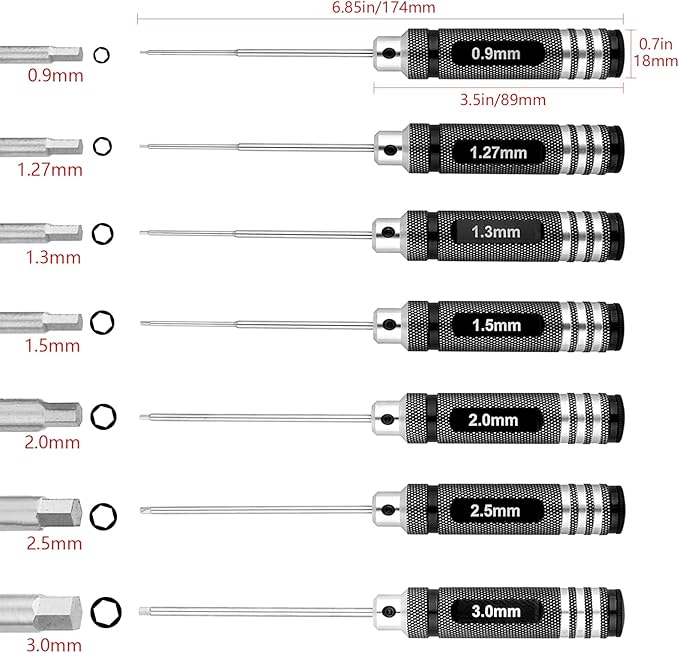 Hex Screwdriver Set - 7pcs Hex Allen Drive Kit 0.9mm 1.27mm 1.3mm 1.5mm 2.0mm 2.5mm 3.0mm Key Repair Tools for Traxxas Arrma Losi Redcat RC Cars Models FPV Drone Helicopter