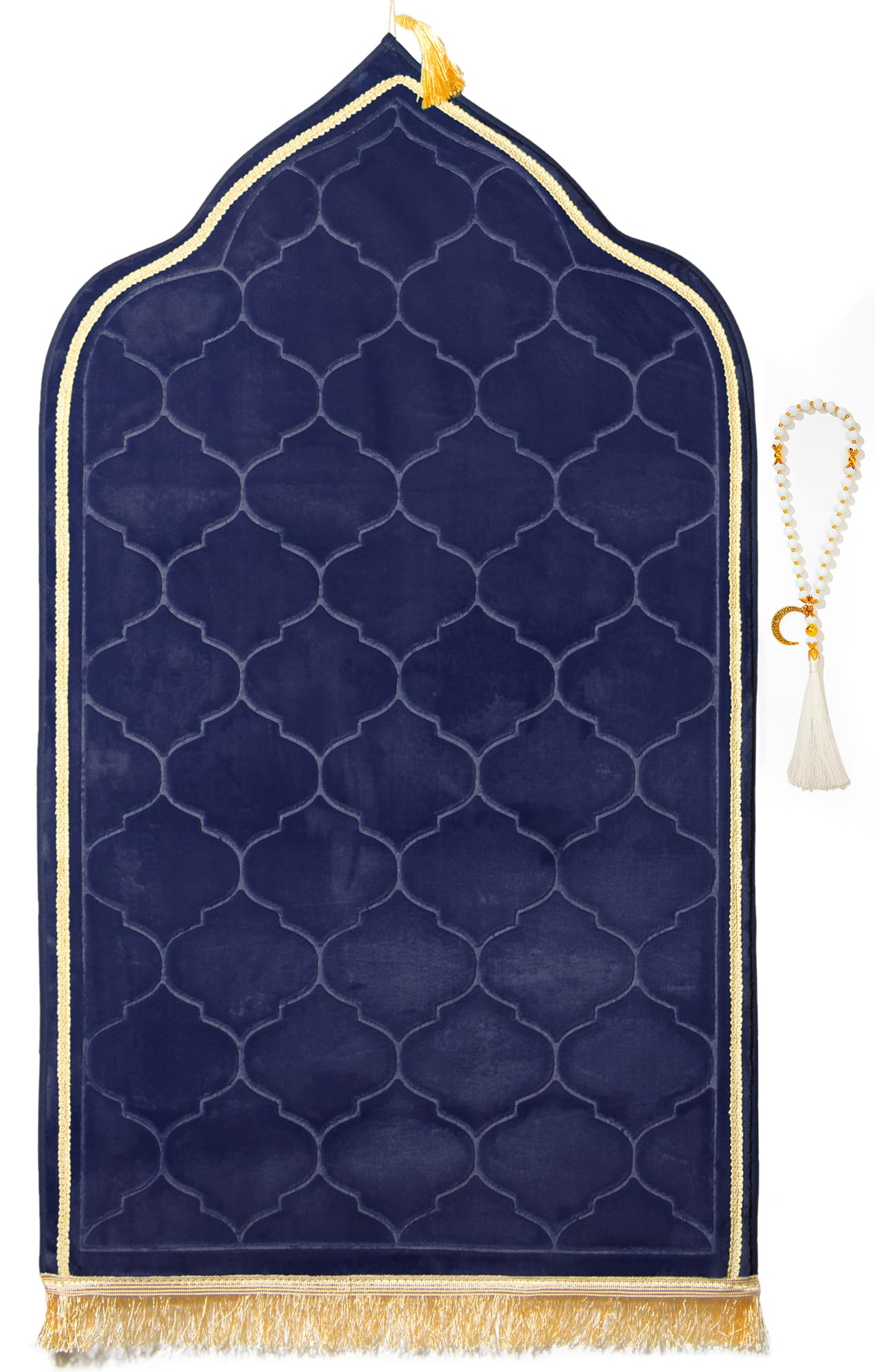 YAZEIN Muslim Prayer Rug with Tasbih Prayer Beads, Soft Memory Foam Prayer Matt Islam, Padded Islamic Prayer Mat Thick for Men and Women, Janamaz, Sajadah (25.6" x 43.3", Navy Blue)