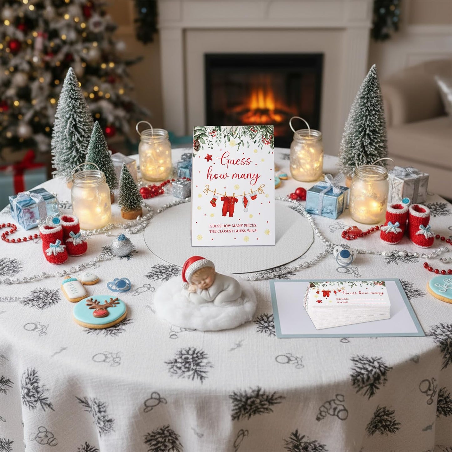Lerheedi Christmas Guess How Many Baby Shower Game Pack of 1 Tabletop Sign with Stand and 50 How Many Cards, Christmas Gender Reveal Party Game Decorations(Santa)
