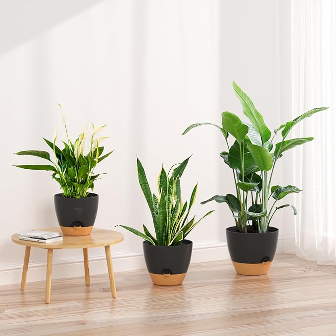 ZMTECH 8/9/10 Inch Self Watering Plant Pots with Watering Lip, Planters with Drainage Holes and Removable Saucer, Plastic Flower Pots for Indoor Outdoor Plants (3 Pack,Black)