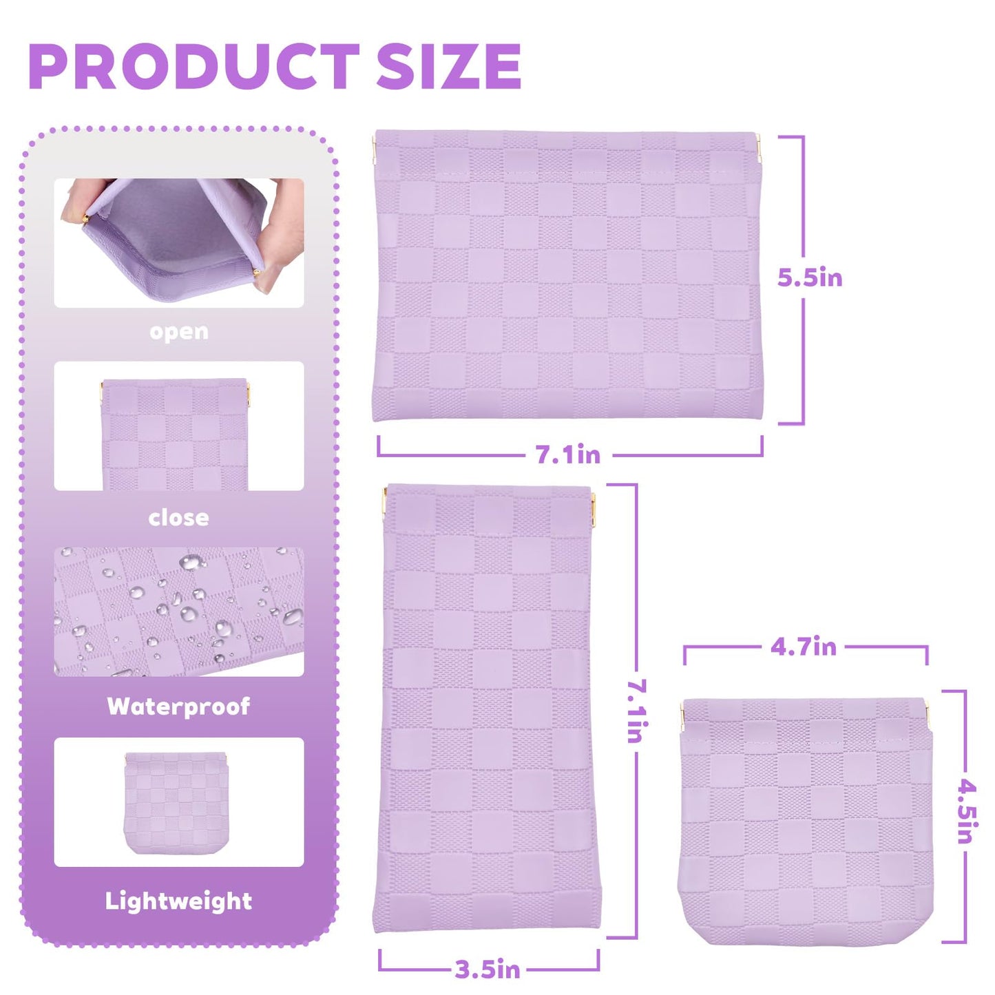 3PCS Small Makeup Bag for Women, Mini Cosmetic Bags Leather Pocket Pouch Purse,Snap Closure Waterproof Portable Bag,Checkered Storage Travel Bag for Lipstick Change Glasses Coin Cards (Purple)