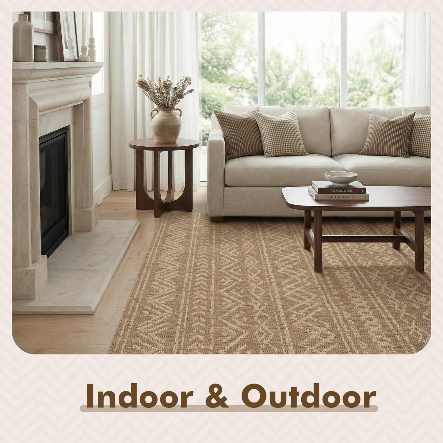 MontVoo-Outdoor Rug-Patio Rug 5x7 Polypropylene Indoor Outdoor Rugs Outdoor Carpet for Patio Deck Balcony Porch, Textured Weave, Durable for High Traffic, Fade-Resistant, Boho Farmhouse Neutral Brown