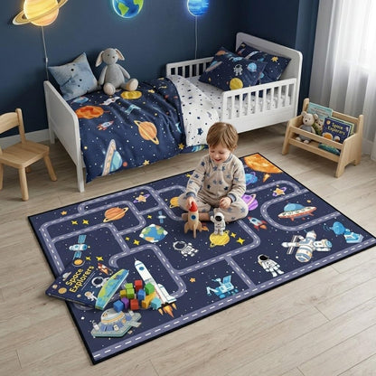 FTBNIQWRHN Outer Space Rug for Boys Room 2.5x4 Feet, Non-Slip Kids Rug with Roads and Tracks, Solar System Planet Play Mat, Galaxy Area Rugs for Bedroom, Playroom, Educational Floor Carpet