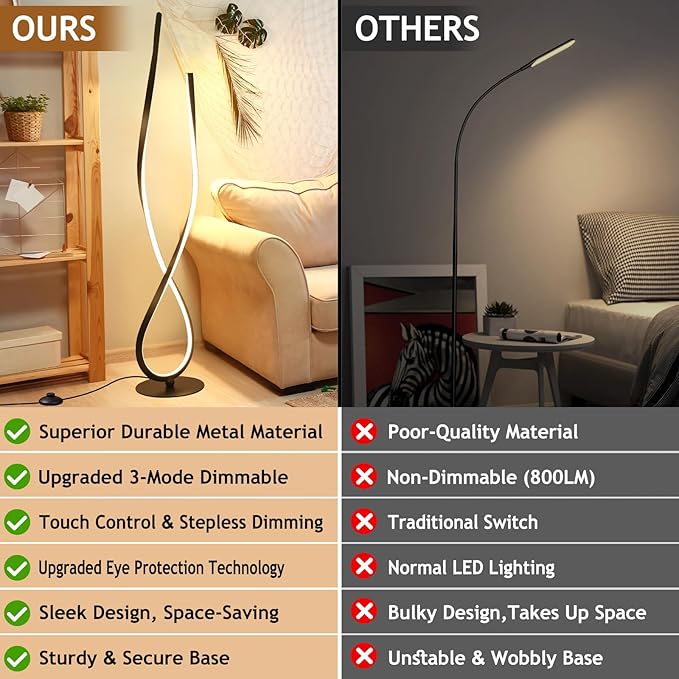 NUÜR Modern Spiral LED Floor Lamp, 59" Ultra-Bright Black Standing Lamp with Remote Control, Arched Floor Lamp for Living Room, Bedroom, Home, Office
