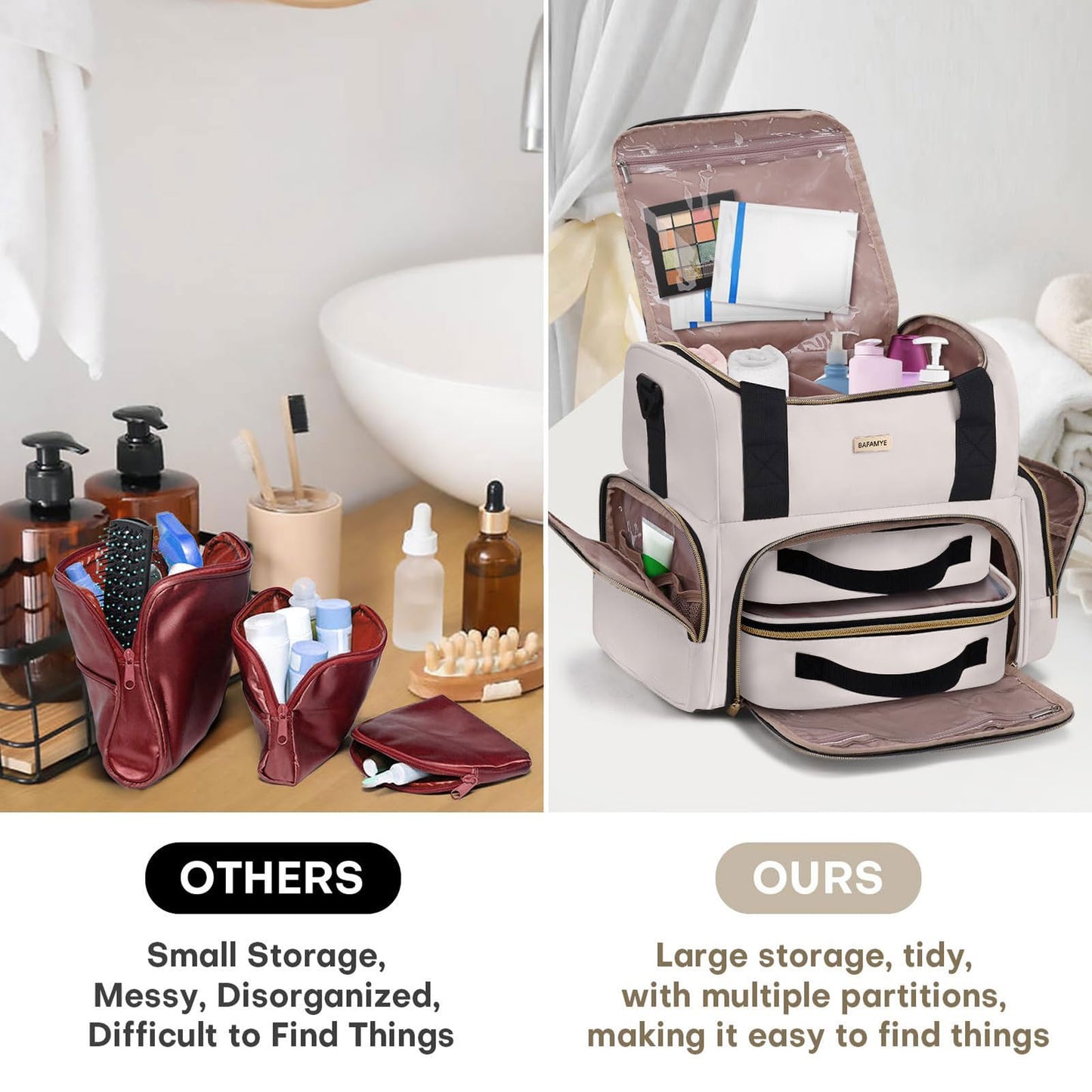 BAFAMYE Large Makeup Cosmetic Bag with 2 Removable Case, Double Layer Travel Makeup Organizer Case, travel Toiletry Bag For Women