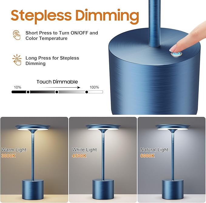 Cordless Table Lamp, Portable Rechargeable 6000mAh Outdoor Table Lamp, 3 Color Stepless Dimming Battery Powered Lamp, LED Table Light for Dinner/Restaurant/Outdoor (Blue)