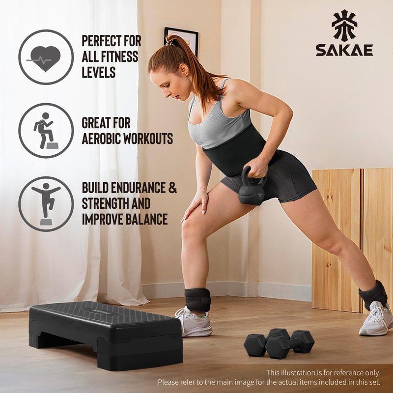 Black Exercise Step Platform Set with Kettlebell & Measuring Tape, Adjustable Height 2 Level Risers Workout Step Trainer, Aerobic Steppers for Home Gym Exercise Fitness Workout