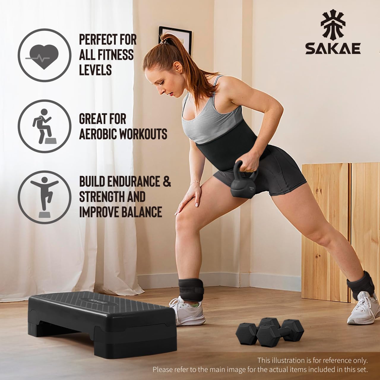 Aerobic Step Platform Set with Waist Trimmer & Measuring Tape, Adjustable Height 2 Level Risers Workout Step Exercise Platform Trainer, Aerobic Steppers for Home Exercise Fitness, Black